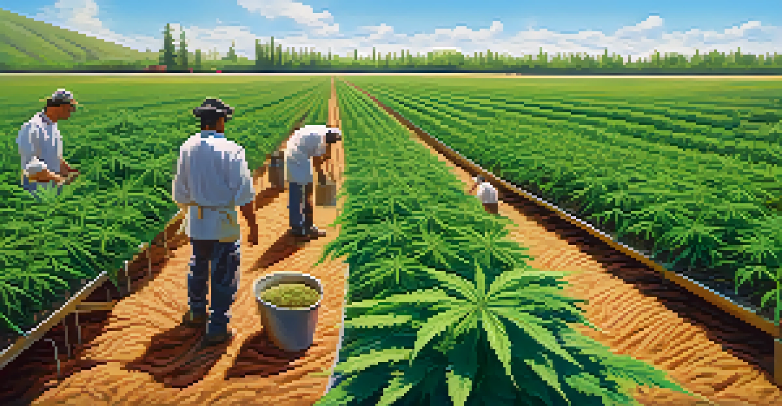 An outdoor cannabis cultivation site with rows of healthy plants and workers tending to them under a blue sky.