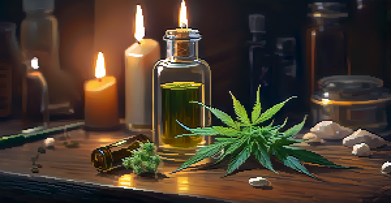 A hand holding a glass vial of cannabis oil on a wooden table, surrounded by herbs, crystals, and a lit candle, creating a warm and spiritual atmosphere.