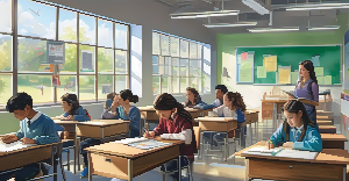 A busy classroom with students using technology and a teacher helping them, illuminated by natural light from large windows.