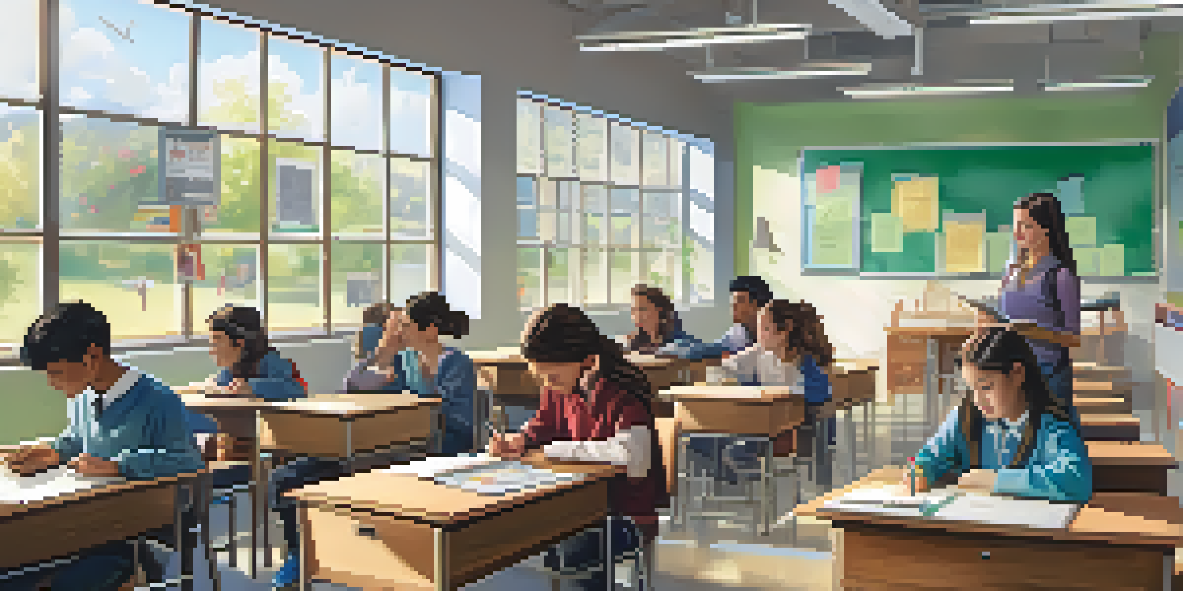 A busy classroom with students using technology and a teacher helping them, illuminated by natural light from large windows.