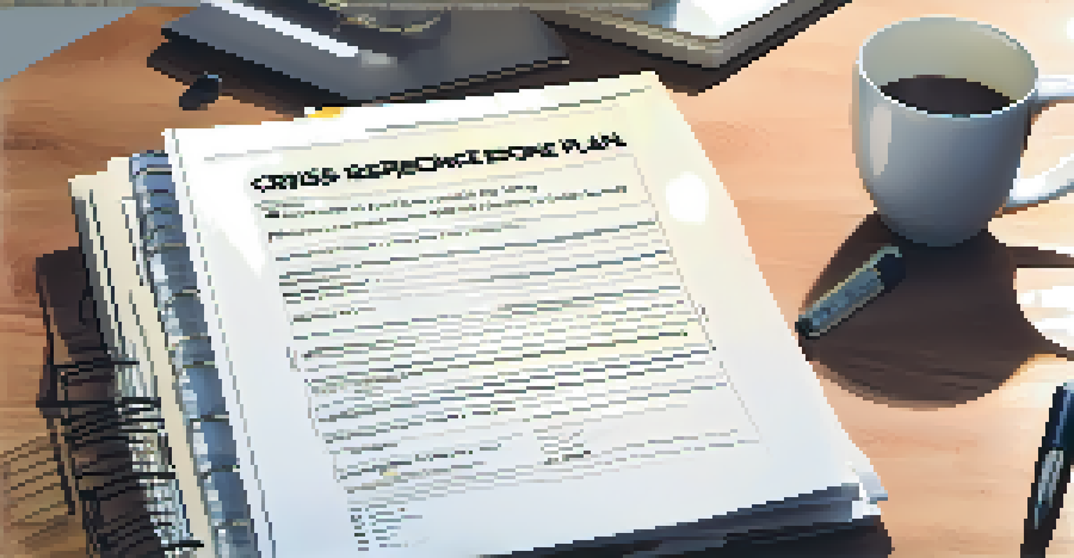 A close-up image of a crisis response action plan document on a desk, surrounded by a pen and coffee cup.