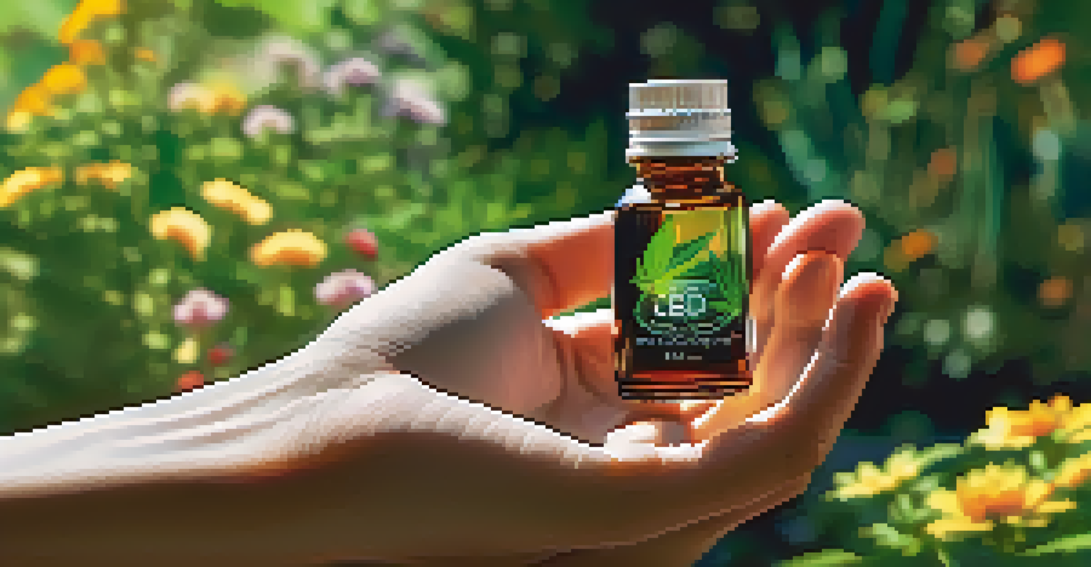 A hand holding a bottle of CBD oil in a vibrant garden, symbolizing natural health and wellness.