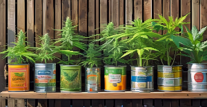 A colorful cannabis garden showcasing various upcycled planters made from wooden crates and tin cans, with green plants thriving in them under warm sunlight.
