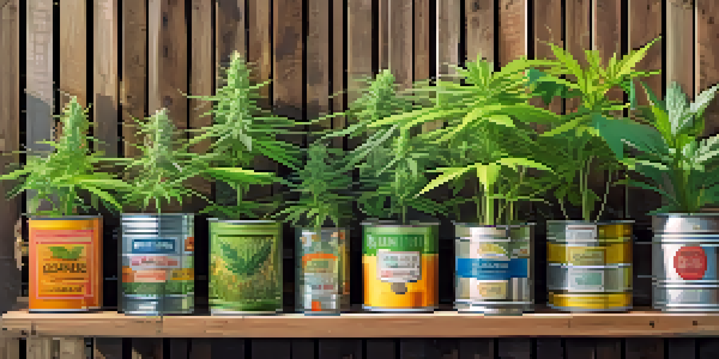 A colorful cannabis garden showcasing various upcycled planters made from wooden crates and tin cans, with green plants thriving in them under warm sunlight.
