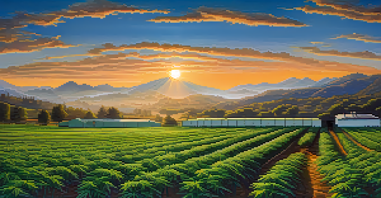 A tranquil cannabis farm landscape at sunrise, with rows of plants illuminated by golden light and mist in the air.