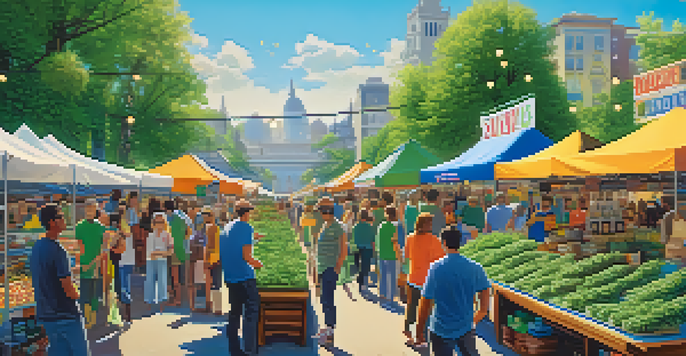 A lively market scene with stalls selling cannabis products and diverse people exploring the offerings.