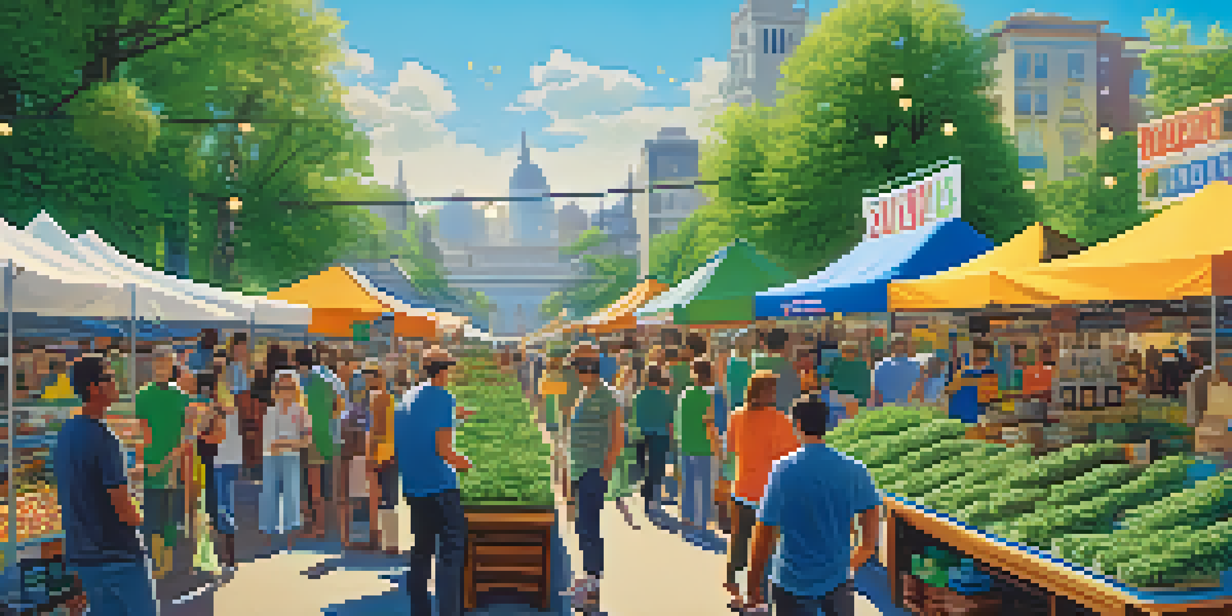 A lively market scene with stalls selling cannabis products and diverse people exploring the offerings.