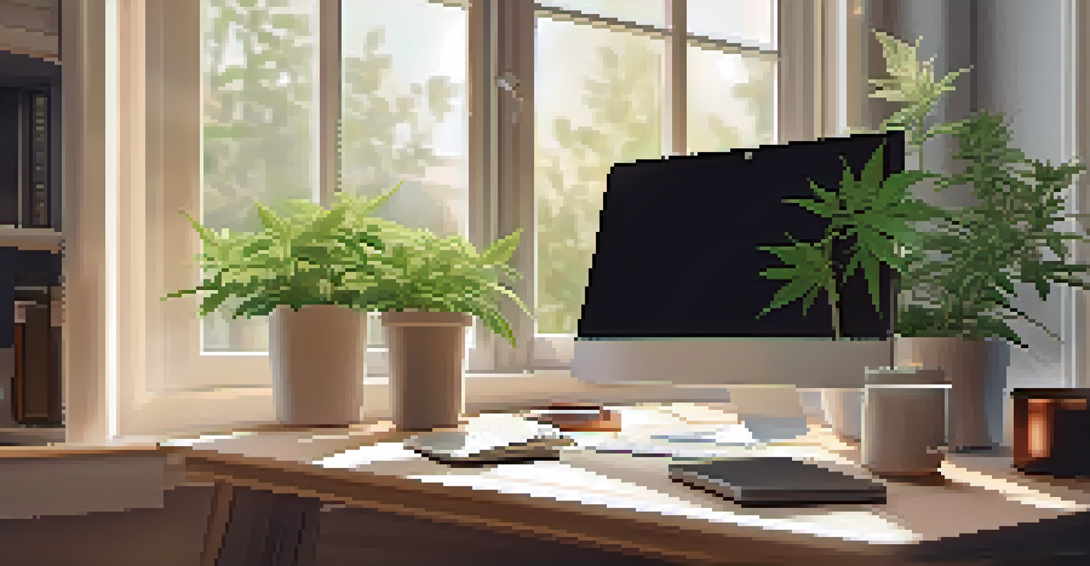 A tranquil home office with a desk, laptop, motivational books, a glass jar of cannabis flowers, and a cup of herbal tea, illuminated by soft natural light.
