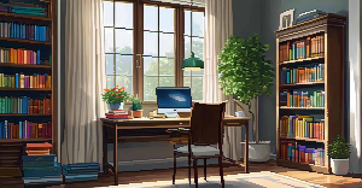 A cozy home office with a wooden desk, laptop, and plants, bathed in warm natural light from a large window.