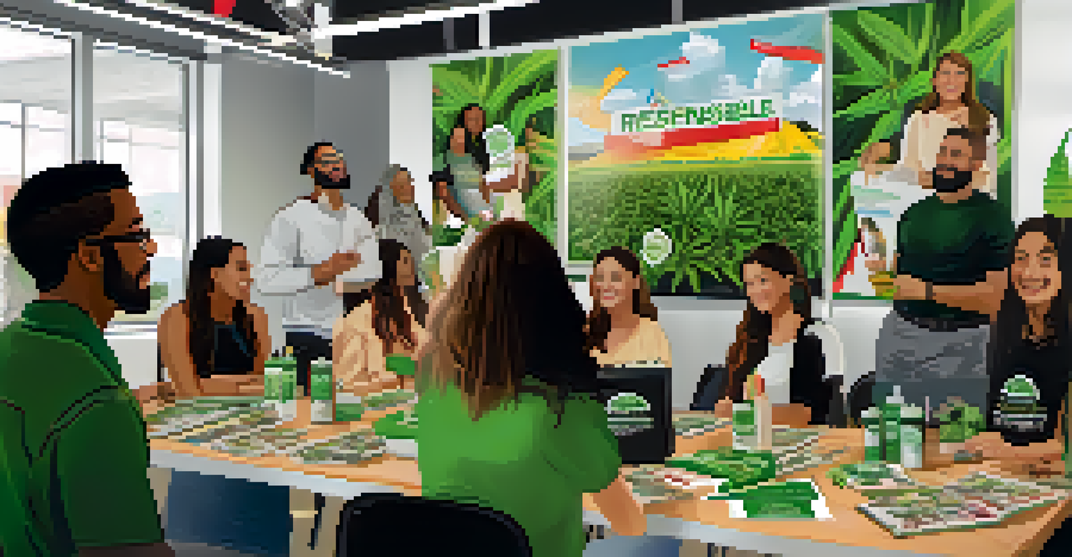 A community event with people discussing cannabis education, surrounded by informational materials and banners promoting responsible use.