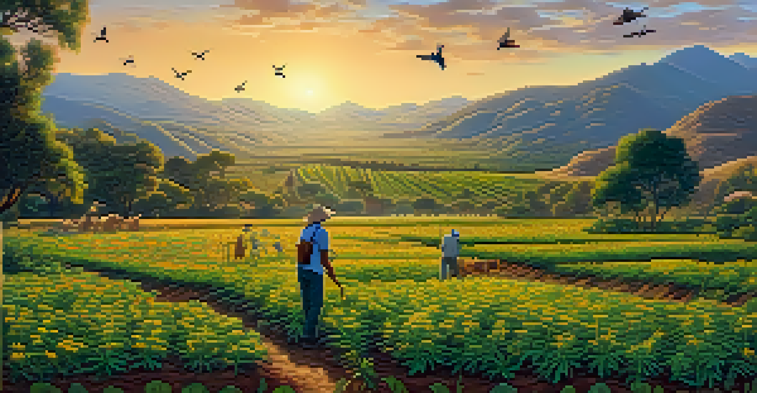 A farmer tending to a sustainable marijuana field surrounded by native plants and wildlife at sunset.