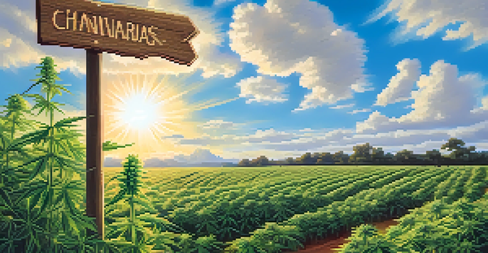 A green cannabis field with a wooden signpost showing different strains, under a bright blue sky and fluffy clouds.