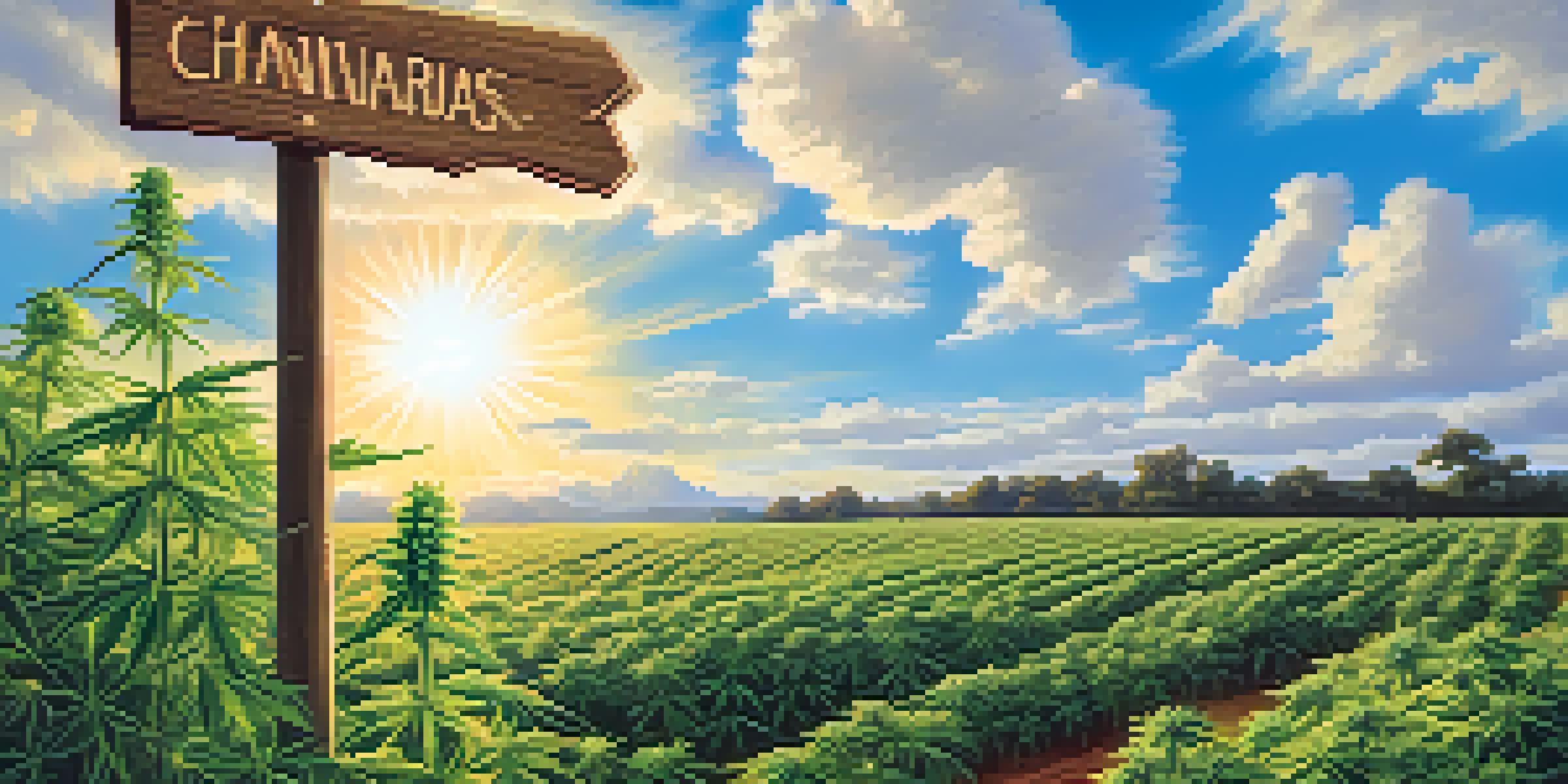 A green cannabis field with a wooden signpost showing different strains, under a bright blue sky and fluffy clouds.