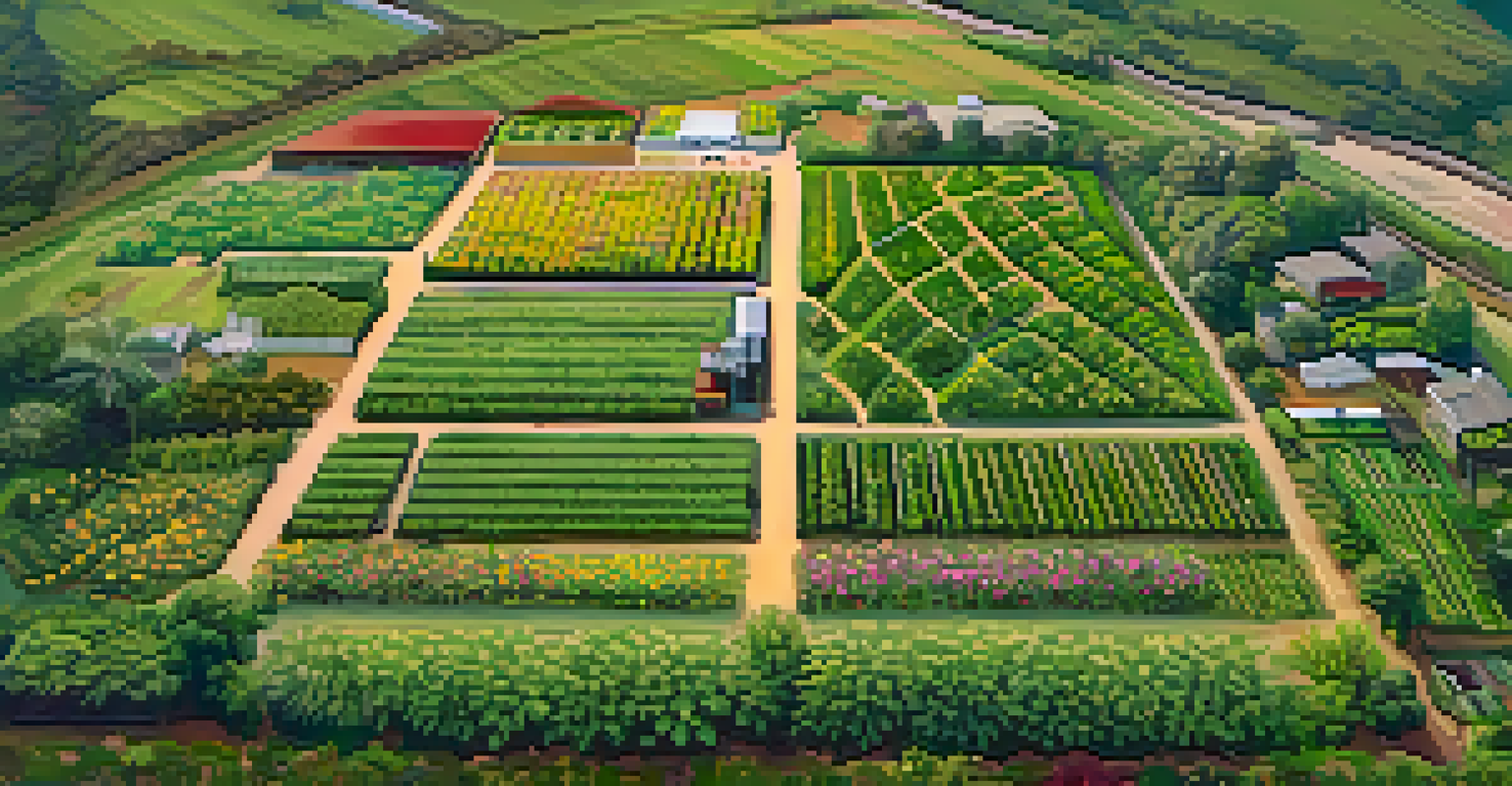 An aerial view of a sustainable cannabis farm with various crops and flowers, showcasing a diverse ecosystem.