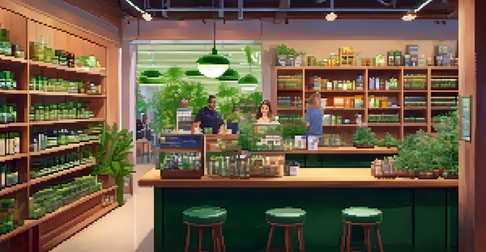 A bright and inviting cannabis dispensary with customers browsing products and a staff member assisting at the counter.