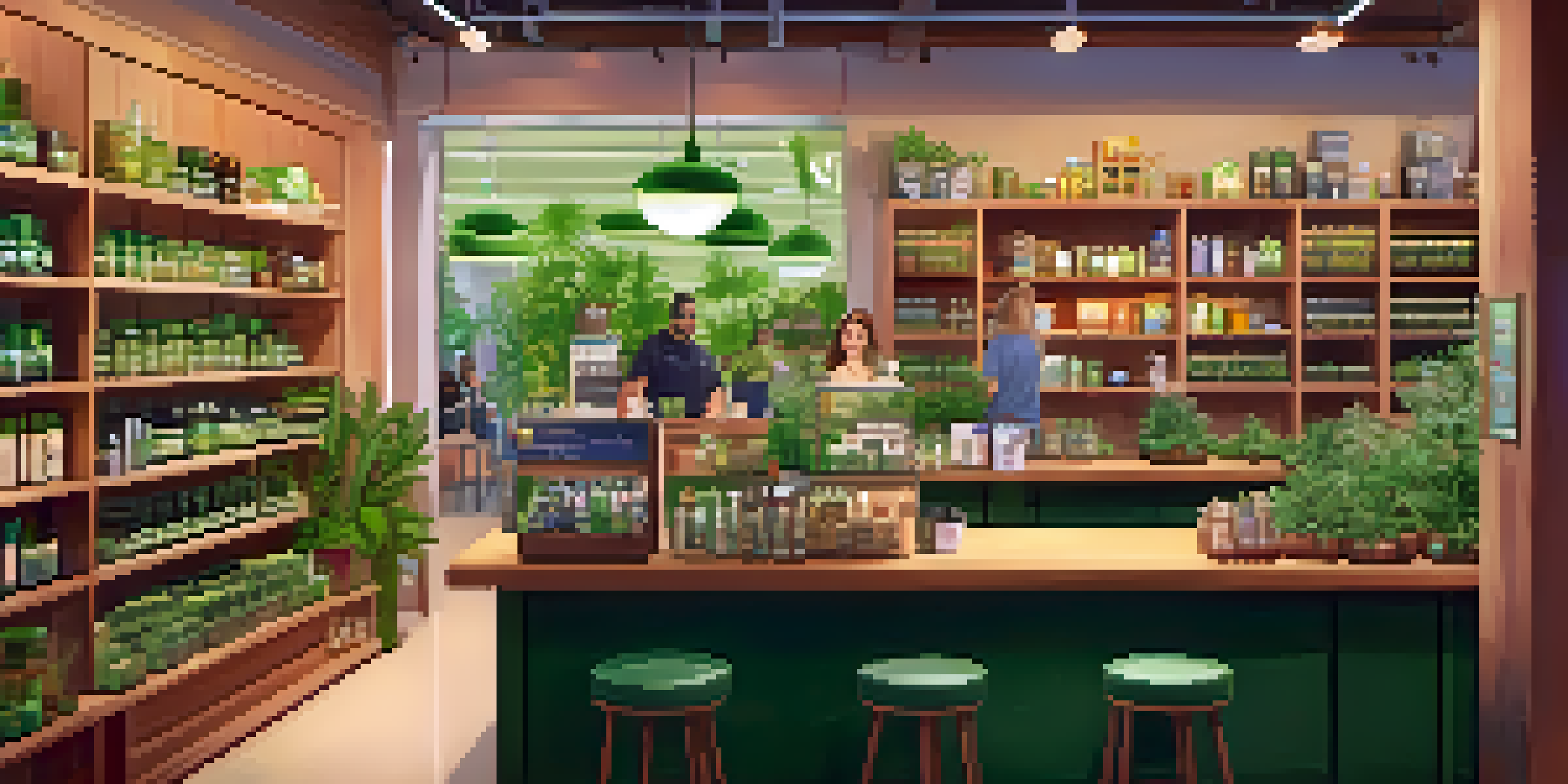 A bright and inviting cannabis dispensary with customers browsing products and a staff member assisting at the counter.