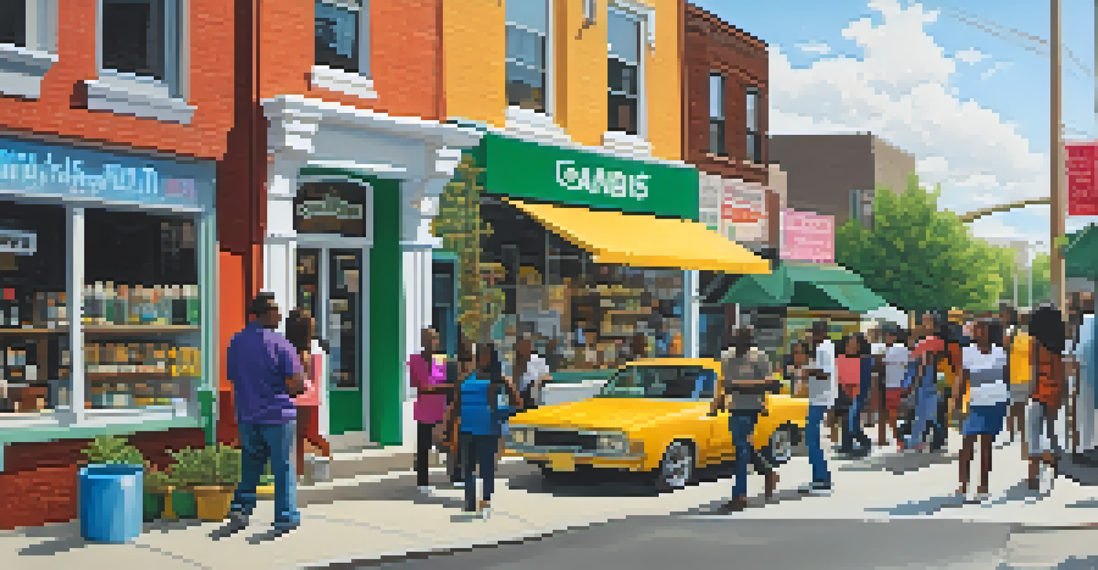 An inviting minority-owned cannabis shop on a bustling urban street with people happily entering and leaving.