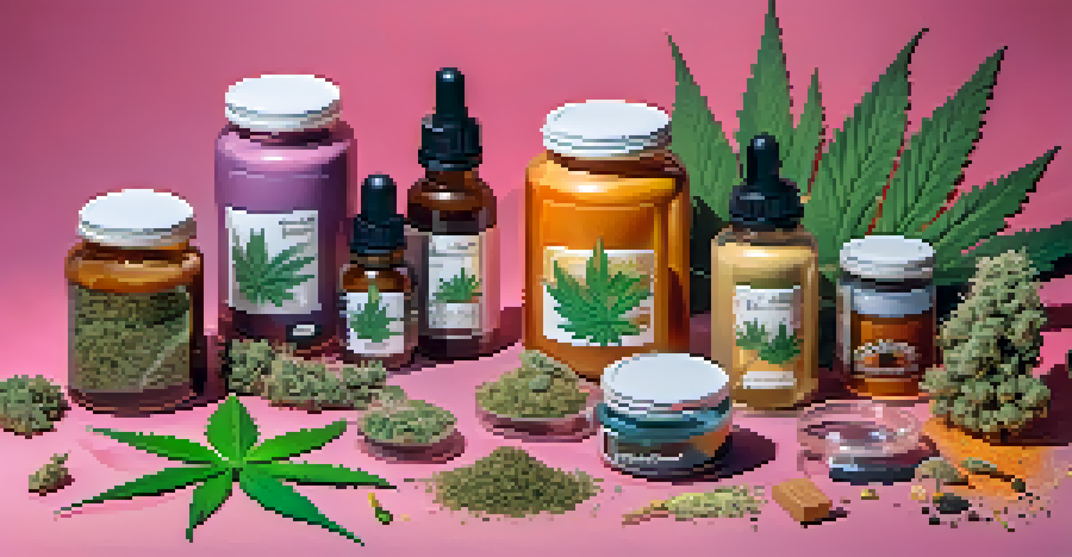 A colorful flat lay of cannabis products arranged artfully on a textured background, including jars of strains and rolling papers.