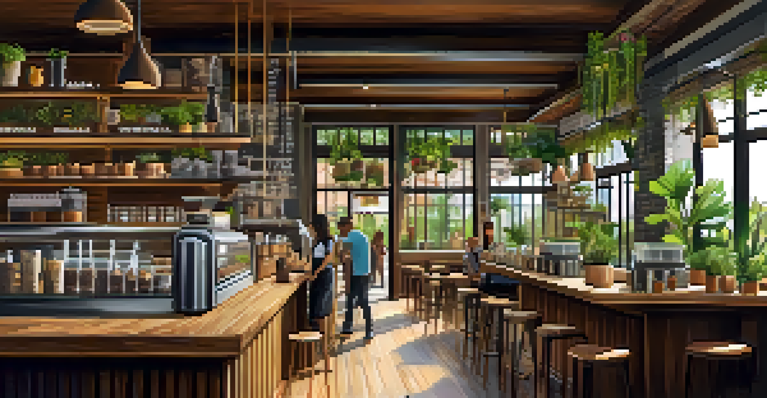 A cozy coffee shop interior with rustic furniture, natural light, and patrons enjoying their drinks.