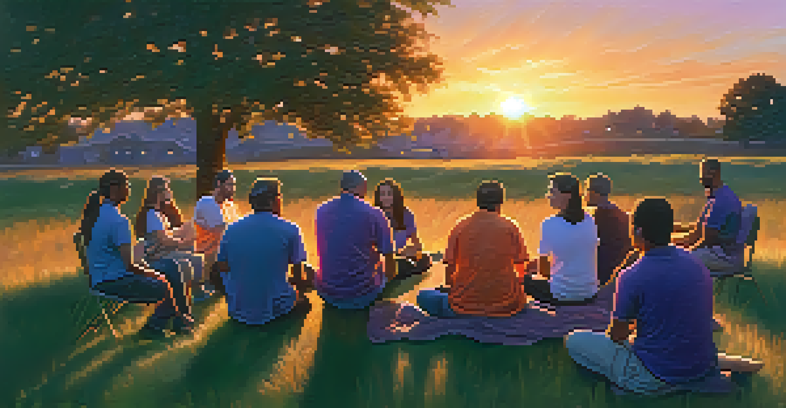 First responders in a circle during a peer support meeting at sunset, sharing experiences and smiles.