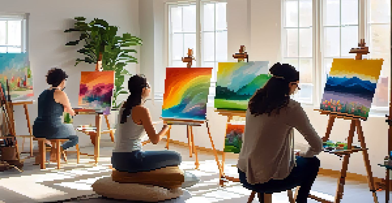 A cozy art therapy studio with diverse individuals painting on canvases, surrounded by plants and art supplies.