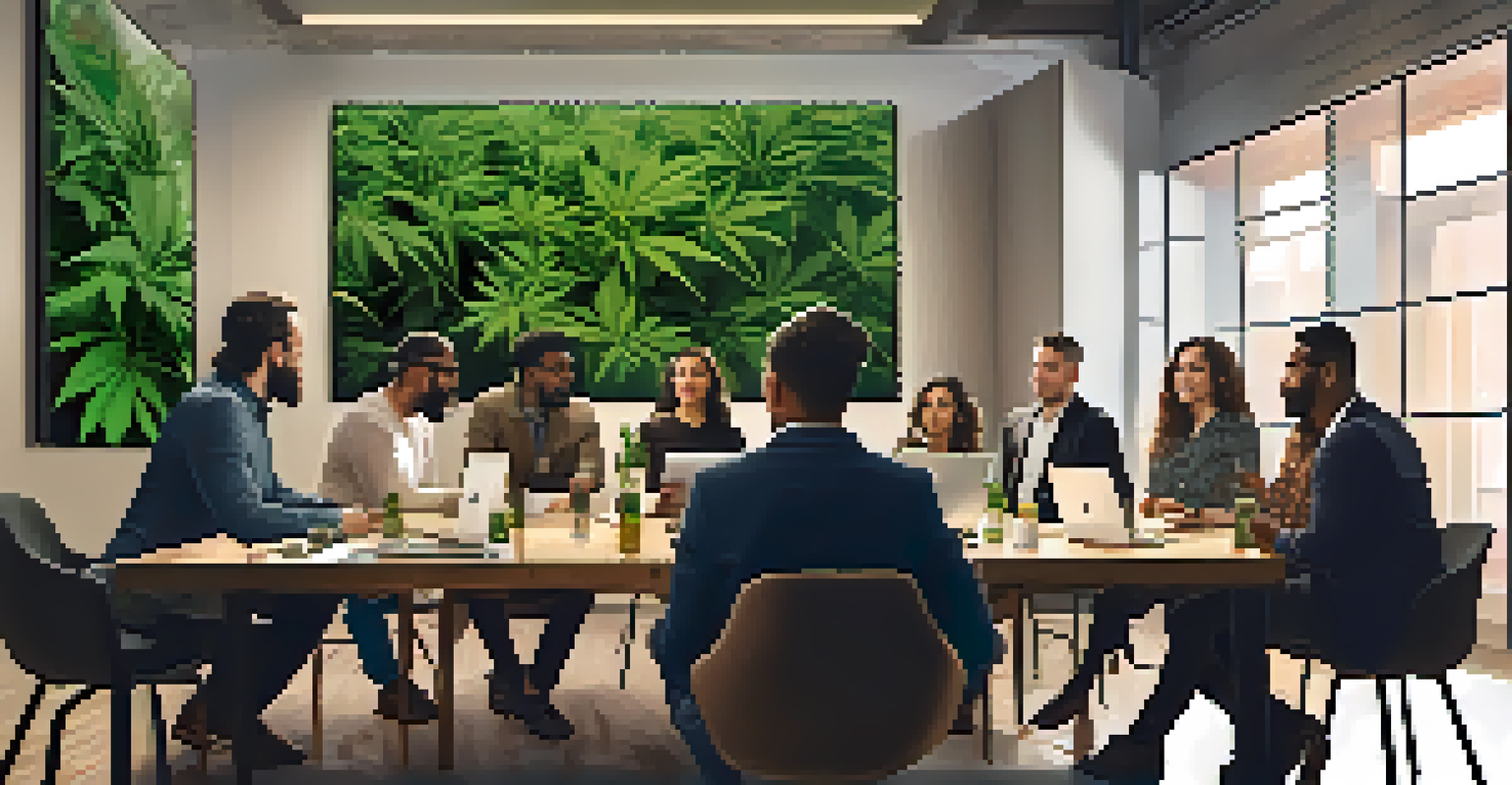 A diverse team of professionals in a cannabis business meeting, surrounded by products and charts, highlighting collaboration and innovation.