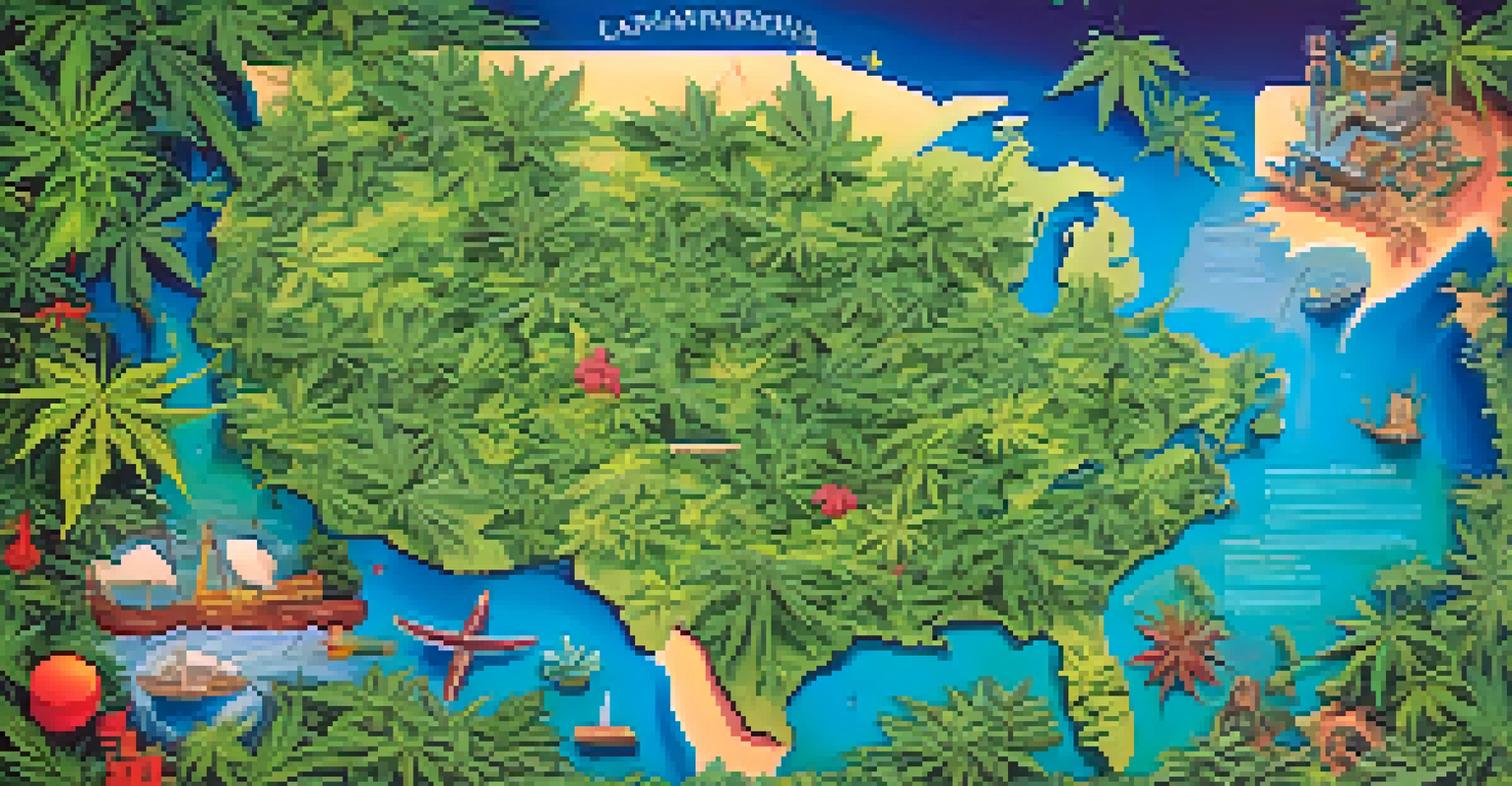 A colorful world map showing countries that have legalized cannabis, with icons and a gradient background symbolizing growth.