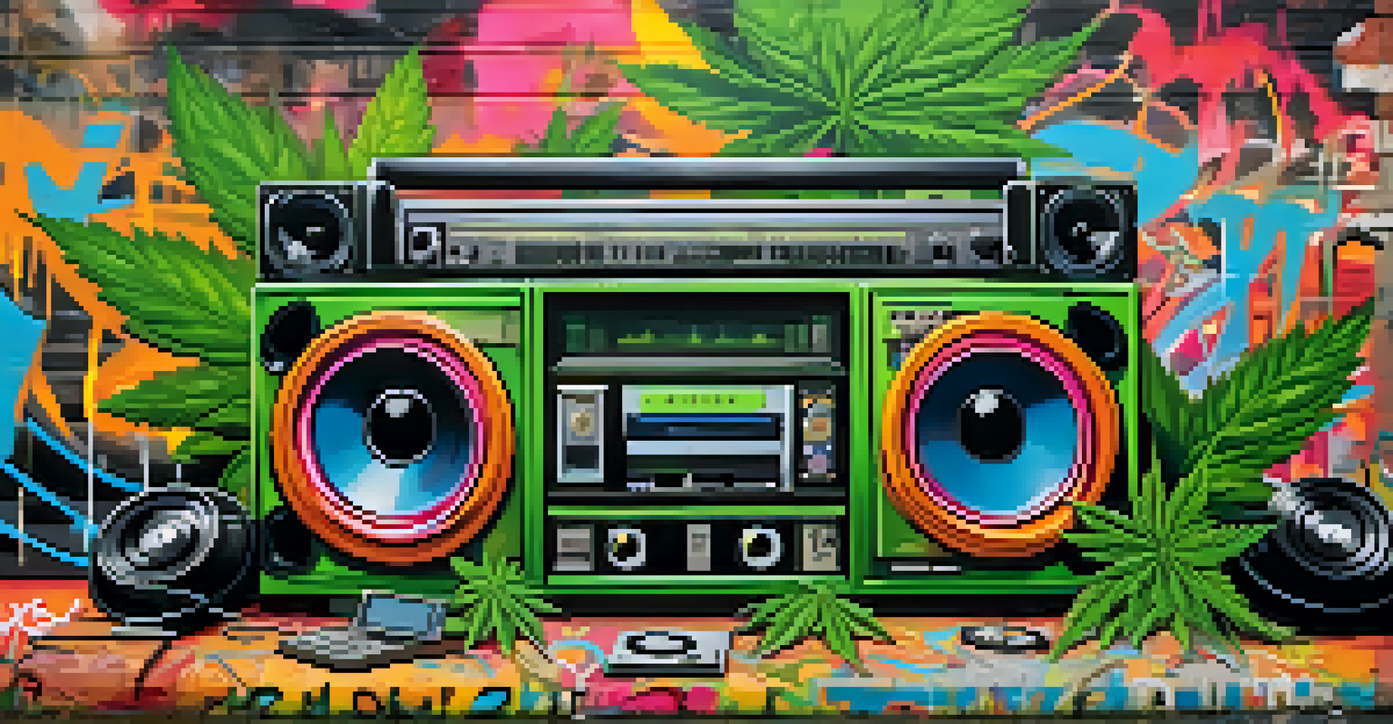 A creative composition of cannabis leaves alongside hip-hop elements such as a boombox and graffiti spray cans, set against a textured, colorful urban wall.