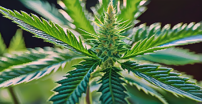 A detailed close-up of a cannabis plant highlighting green leaves and glistening trichomes in natural light.