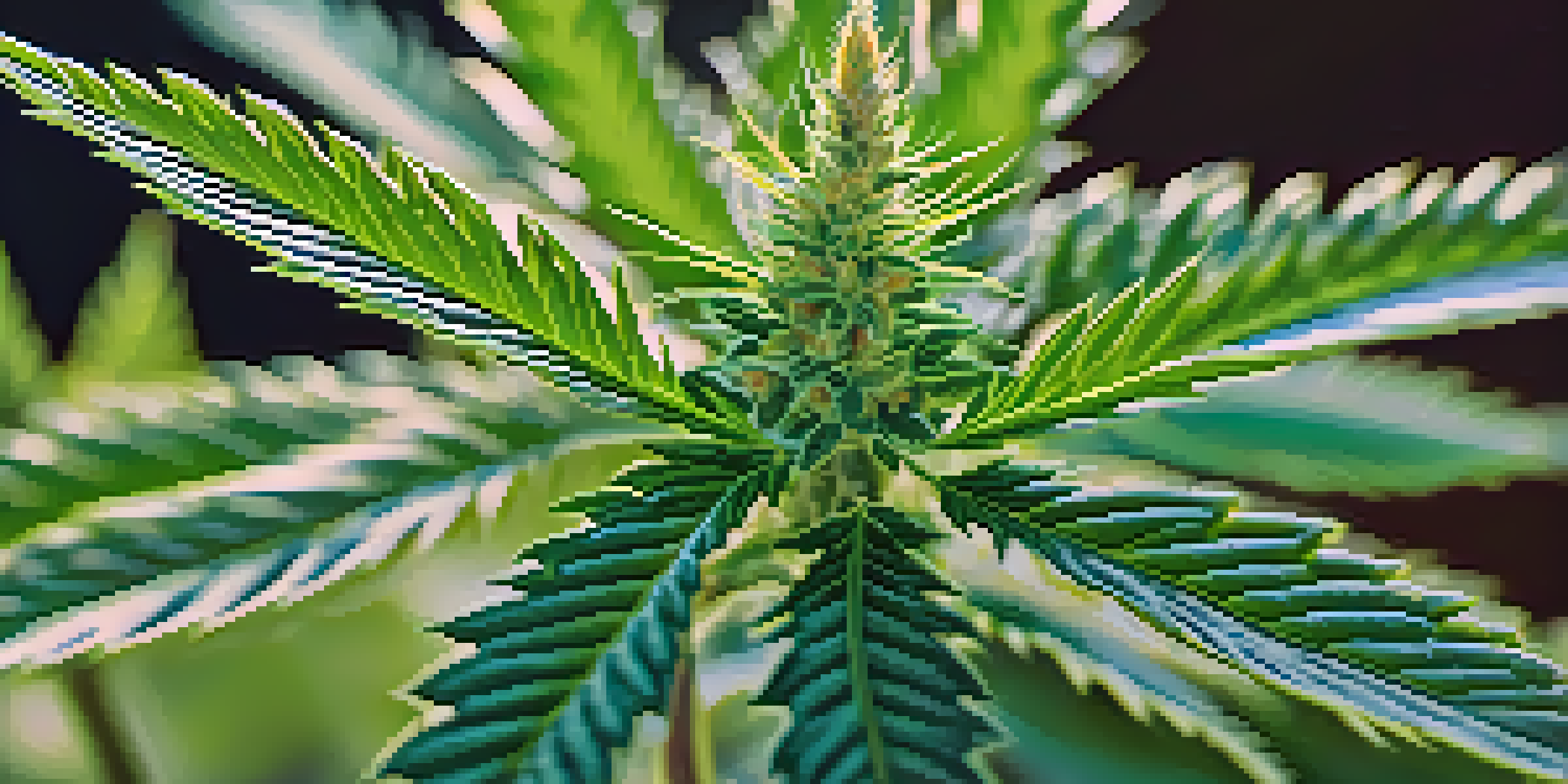 A detailed close-up of a cannabis plant highlighting green leaves and glistening trichomes in natural light.