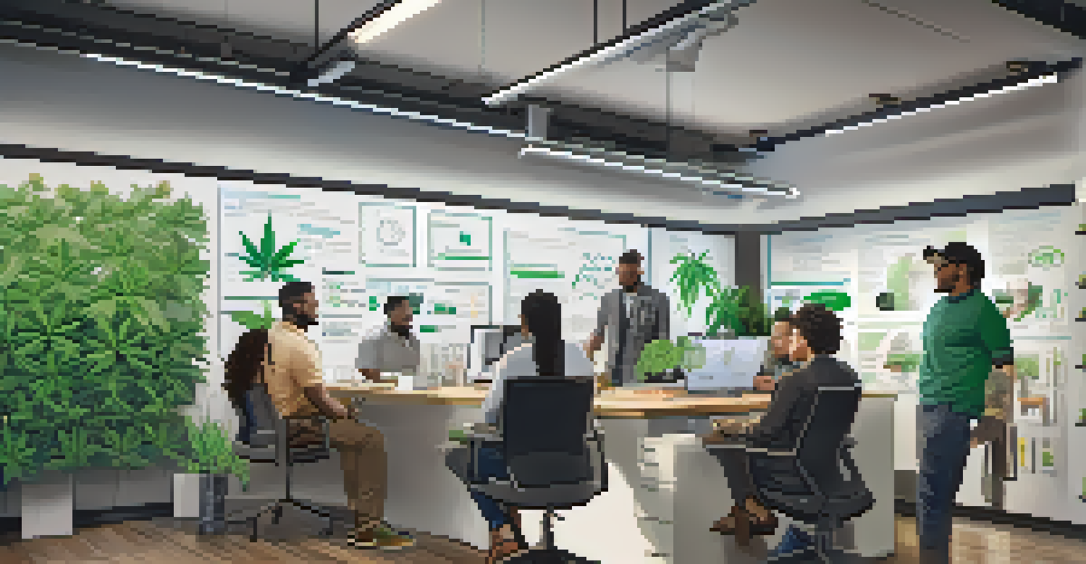 A diverse group of entrepreneurs working together in a modern office space, brainstorming and collaborating on cannabis product designs and strategies.