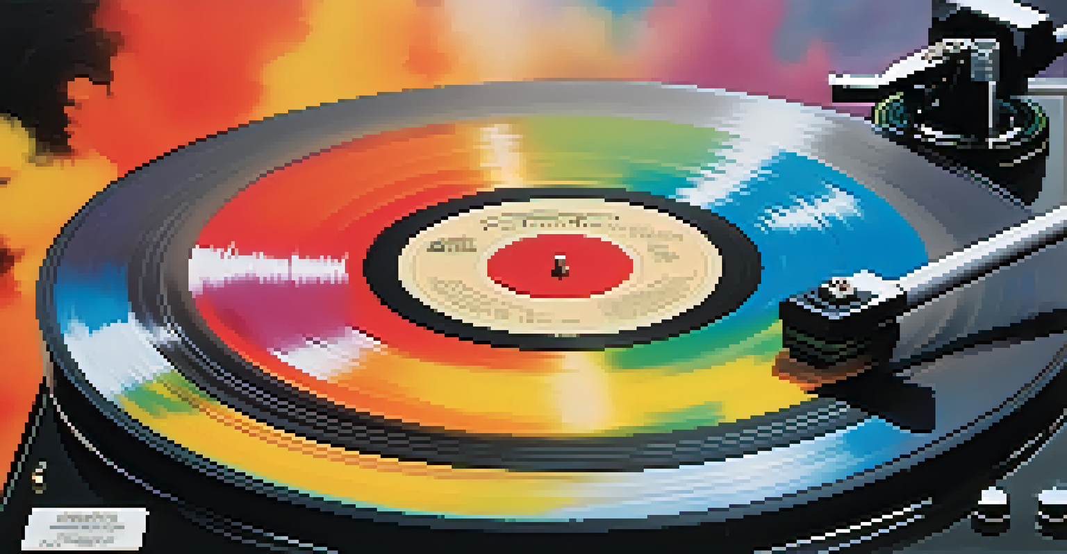 A close-up of a spinning vinyl record on a turntable, surrounded by colorful smoke, with psychedelic artwork on the label.