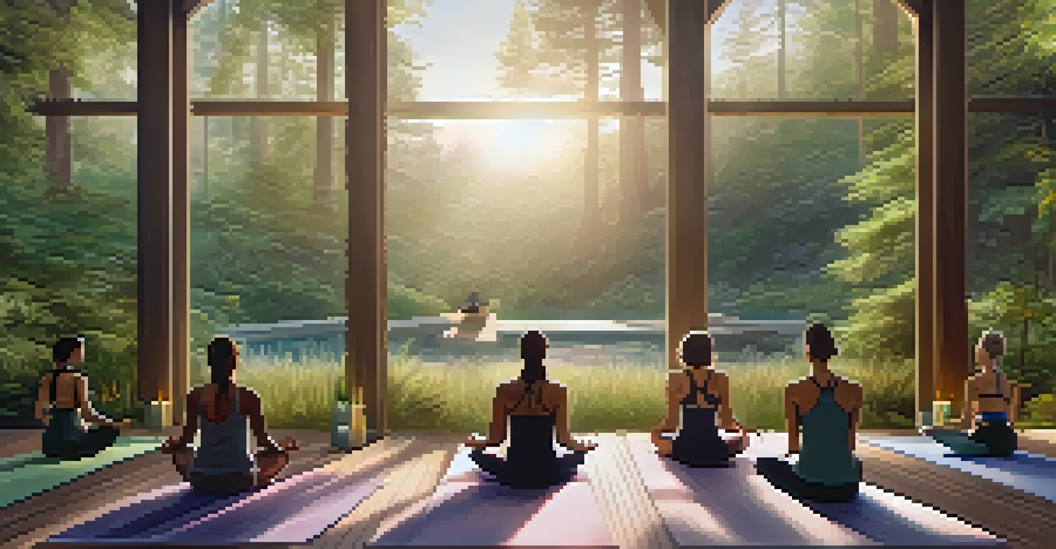 A peaceful wellness retreat with people practicing yoga outdoors and enjoying cannabis-infused spa treatments in a natural setting.