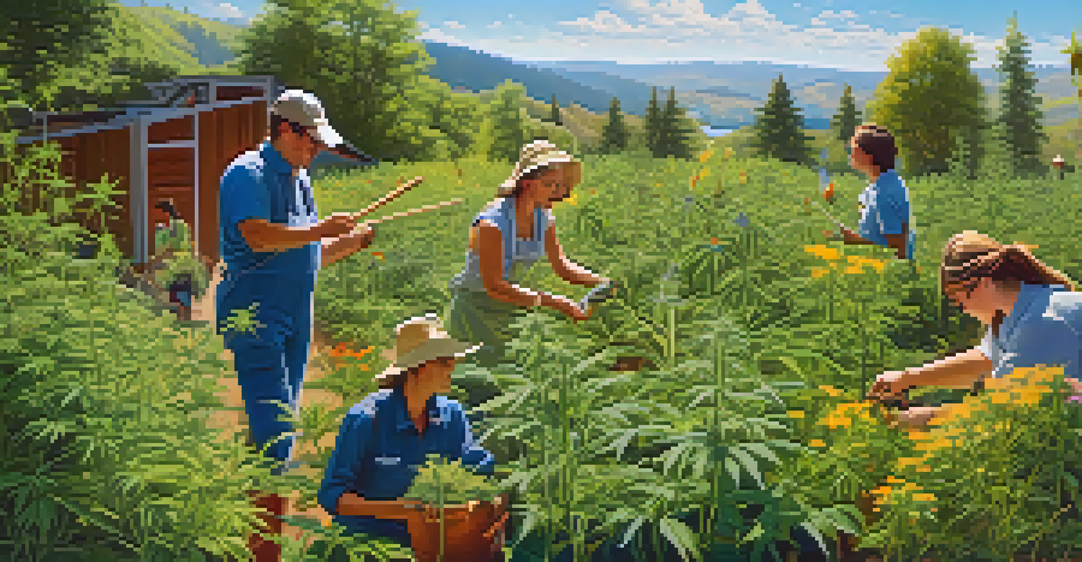 Growers working in an outdoor marijuana field surrounded by wildflowers and bright sunlight, showcasing a blend of cultivation and nature.