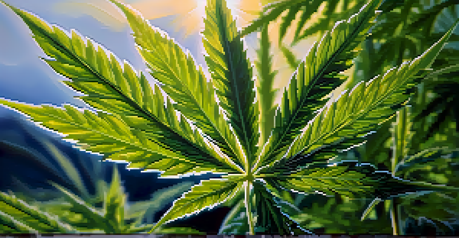 Close-up of cannabis leaves with morning dew in a natural setting, illuminated by sunlight.