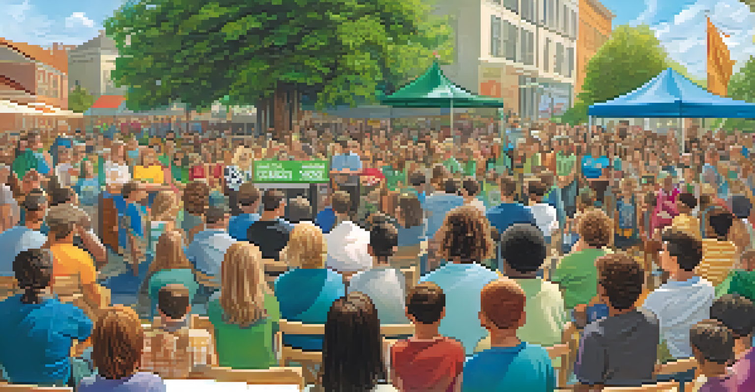 A town hall event with a speaker discussing marijuana education to a crowd of attentive community members in an outdoor setting.