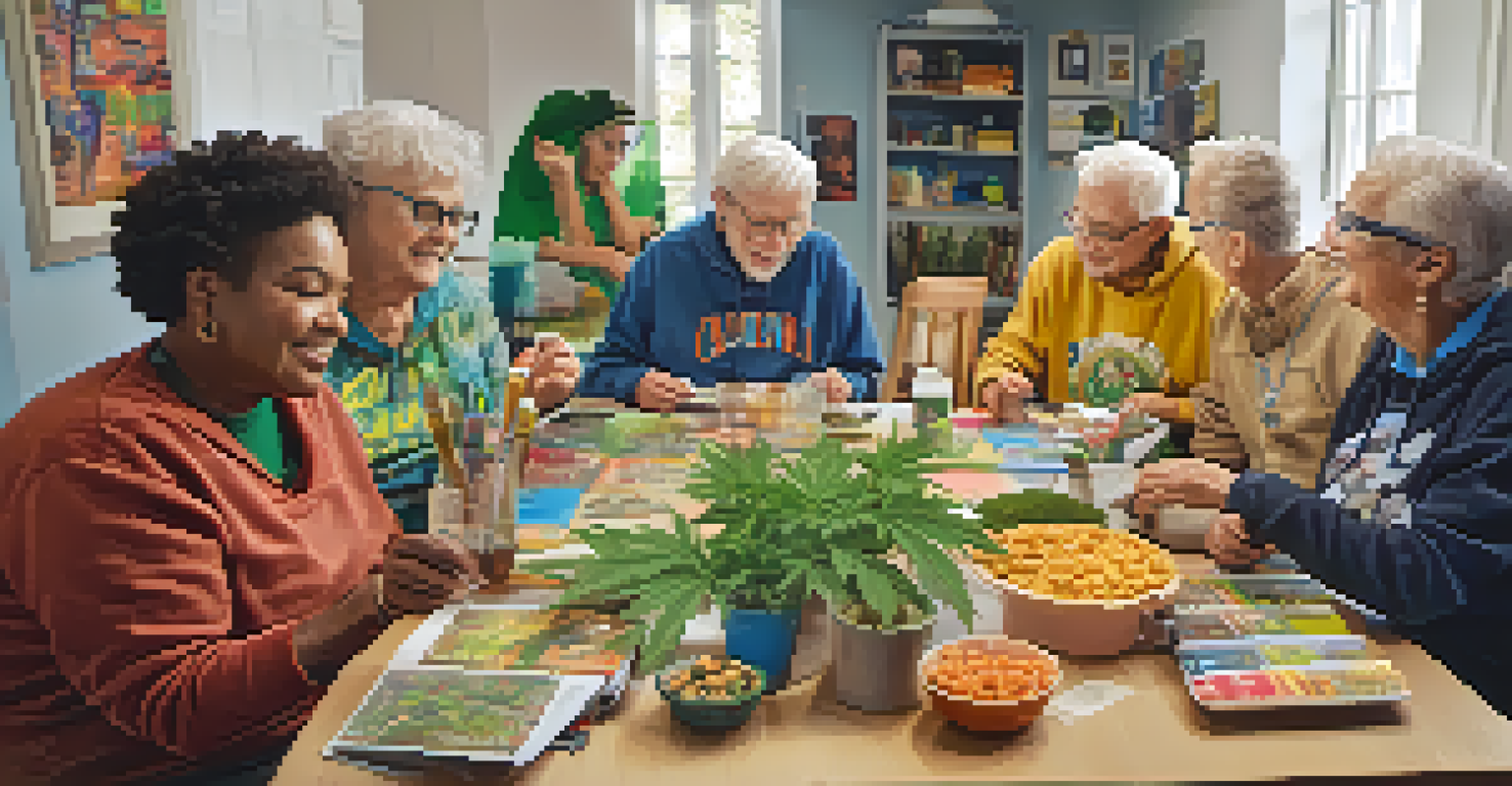 A group of seniors attending a workshop on marijuana, engaged in discussion and sharing experiences at a bright table.