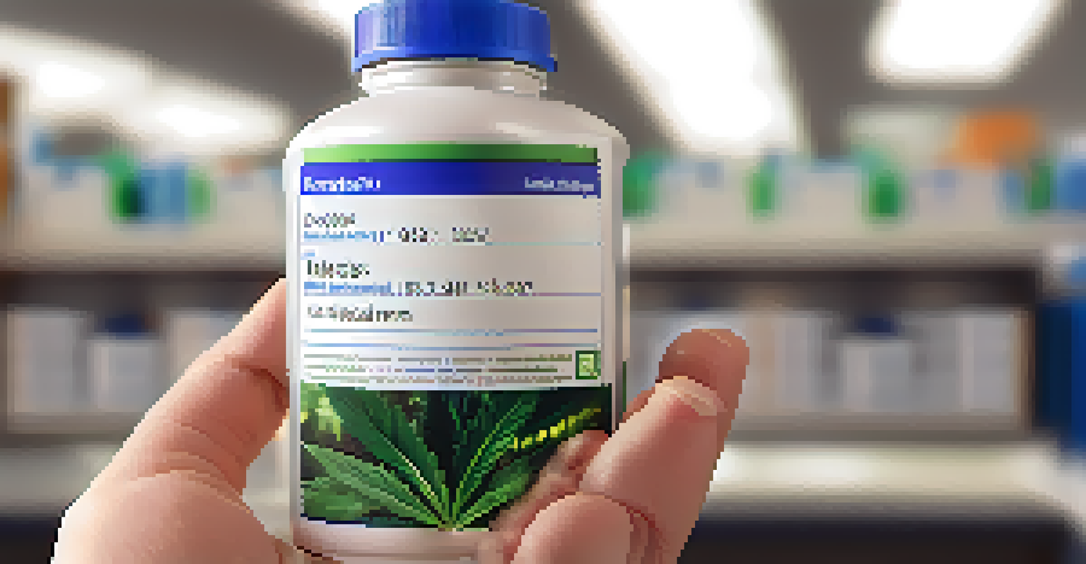 A hand holding a medical marijuana prescription bottle with an office blurred in the background.