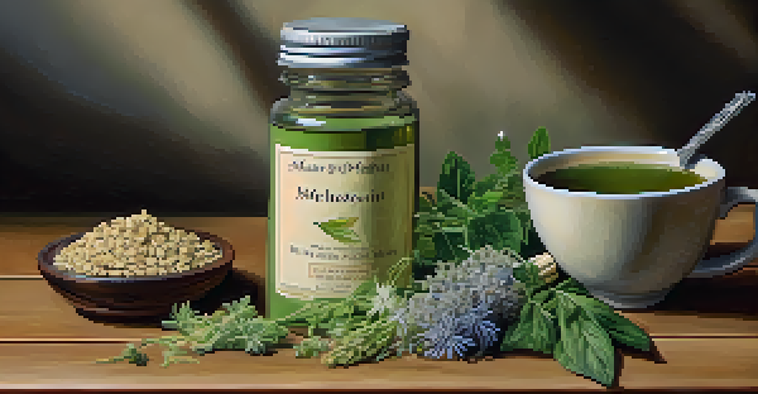 A collection of natural sleep aids, including melatonin, valerian root, and herbal tea, arranged on a wooden table.