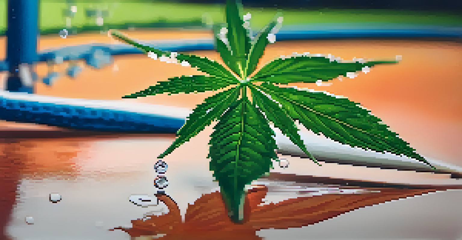 Close-up of a cannabis leaf with water droplets, set against a blurred background of sports equipment.