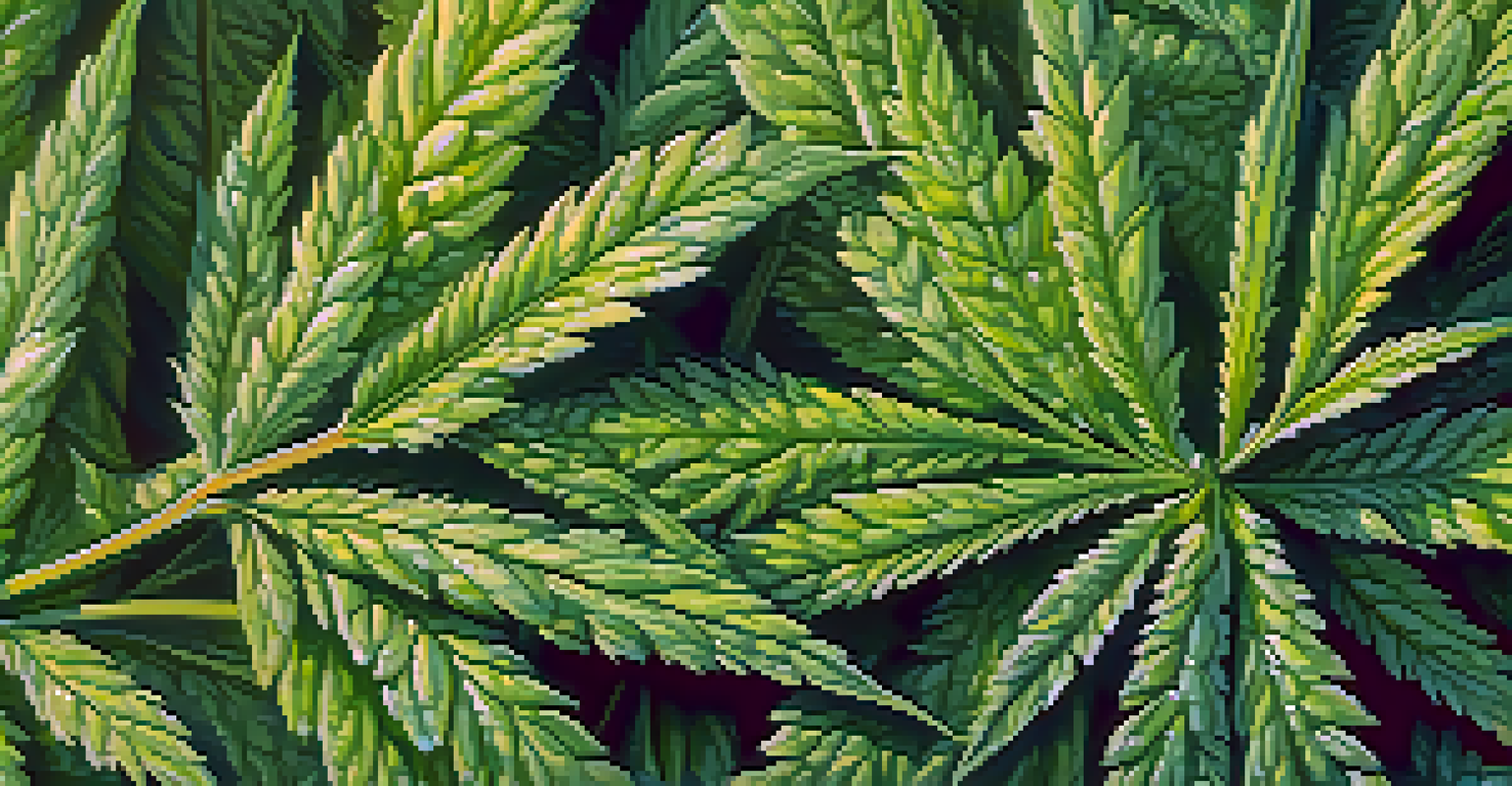 Close-up of cannabis leaves with morning dew, displaying detailed textures and vibrant green colors in sunlight.