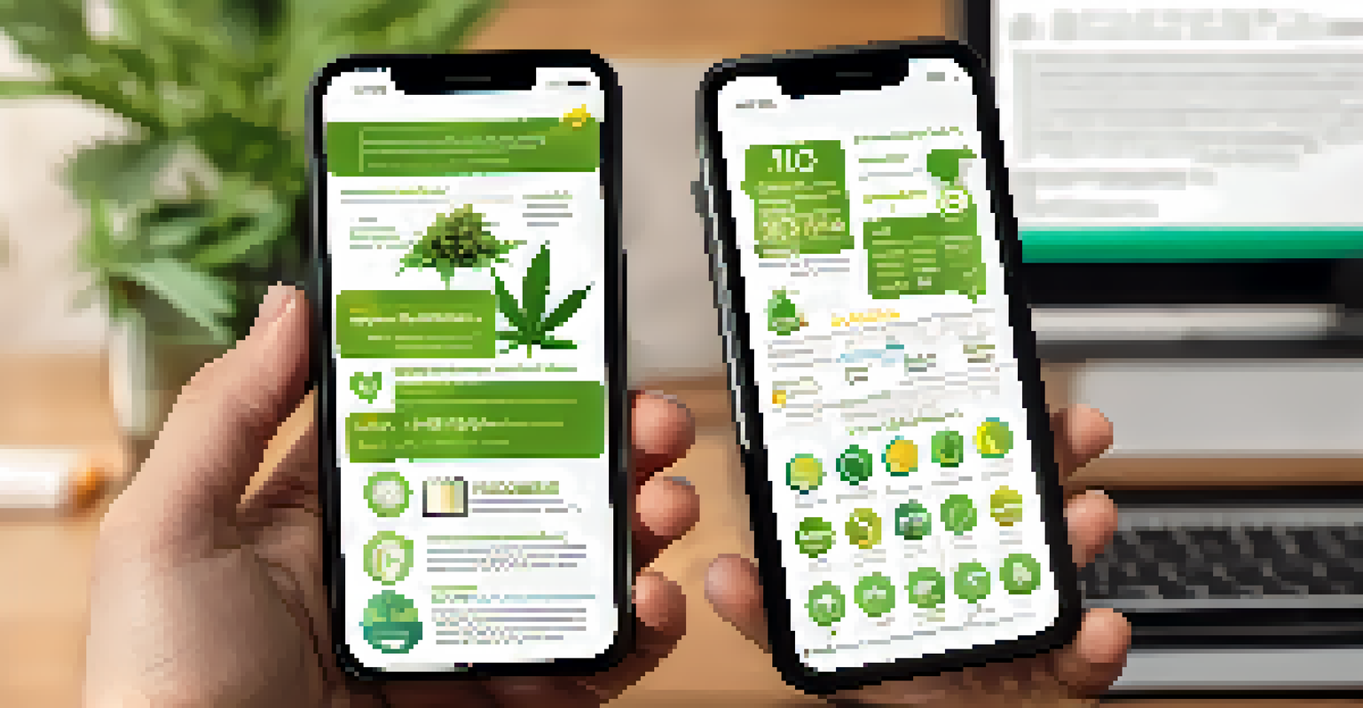 A smartphone displaying an infographic about the health benefits of cannabis in a cozy living room setting.
