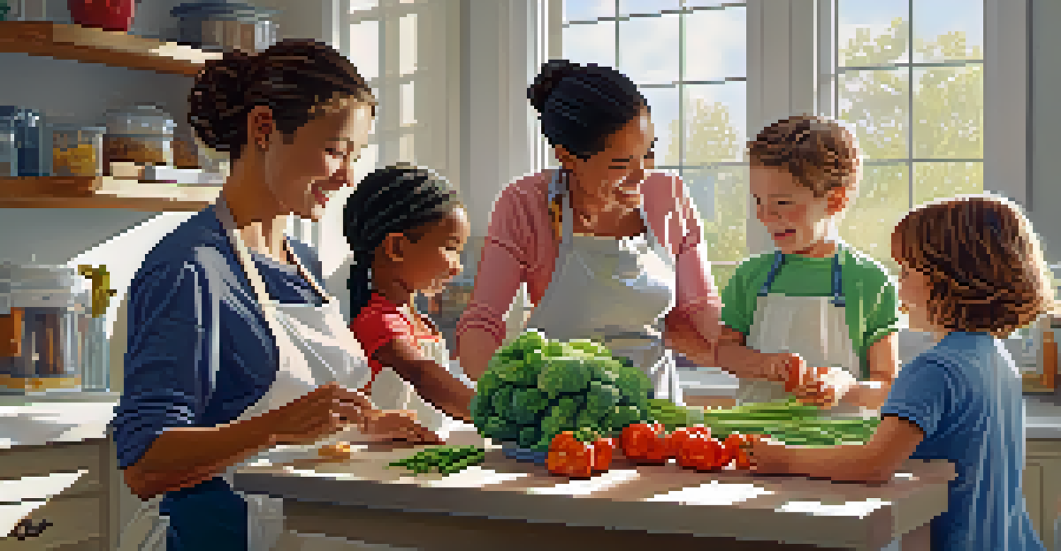 A family cooking together in a bright kitchen, engaging in meal preparation and sharing smiles over fresh ingredients.