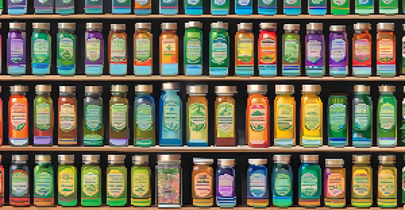 An artistic view of cannabis products on display at a festival, with colorful jars and a vibrant background.