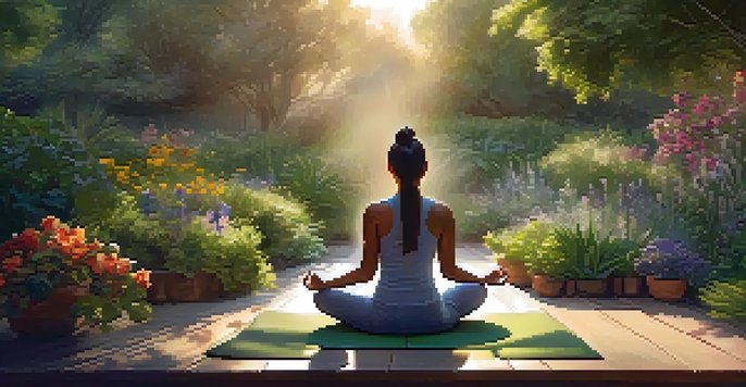 A peaceful garden with a person meditating on a yoga mat surrounded by vibrant plants and flowers, bathed in golden sunlight.