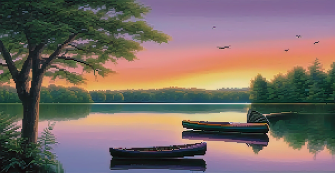 A peaceful sunset over a calm lake, with colorful reflections and a wooden dock with a canoe.