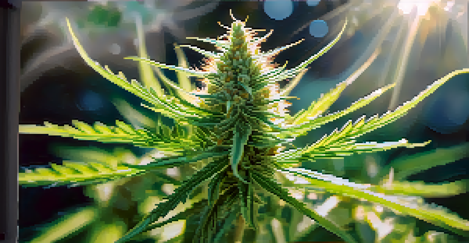 Close-up of a cannabis plant with green leaves and trichomes sparkling in sunlight.