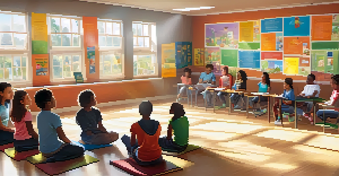 A classroom with teenagers participating in a workshop about healthy lifestyle choices, with bright colors and sunlight streaming in.