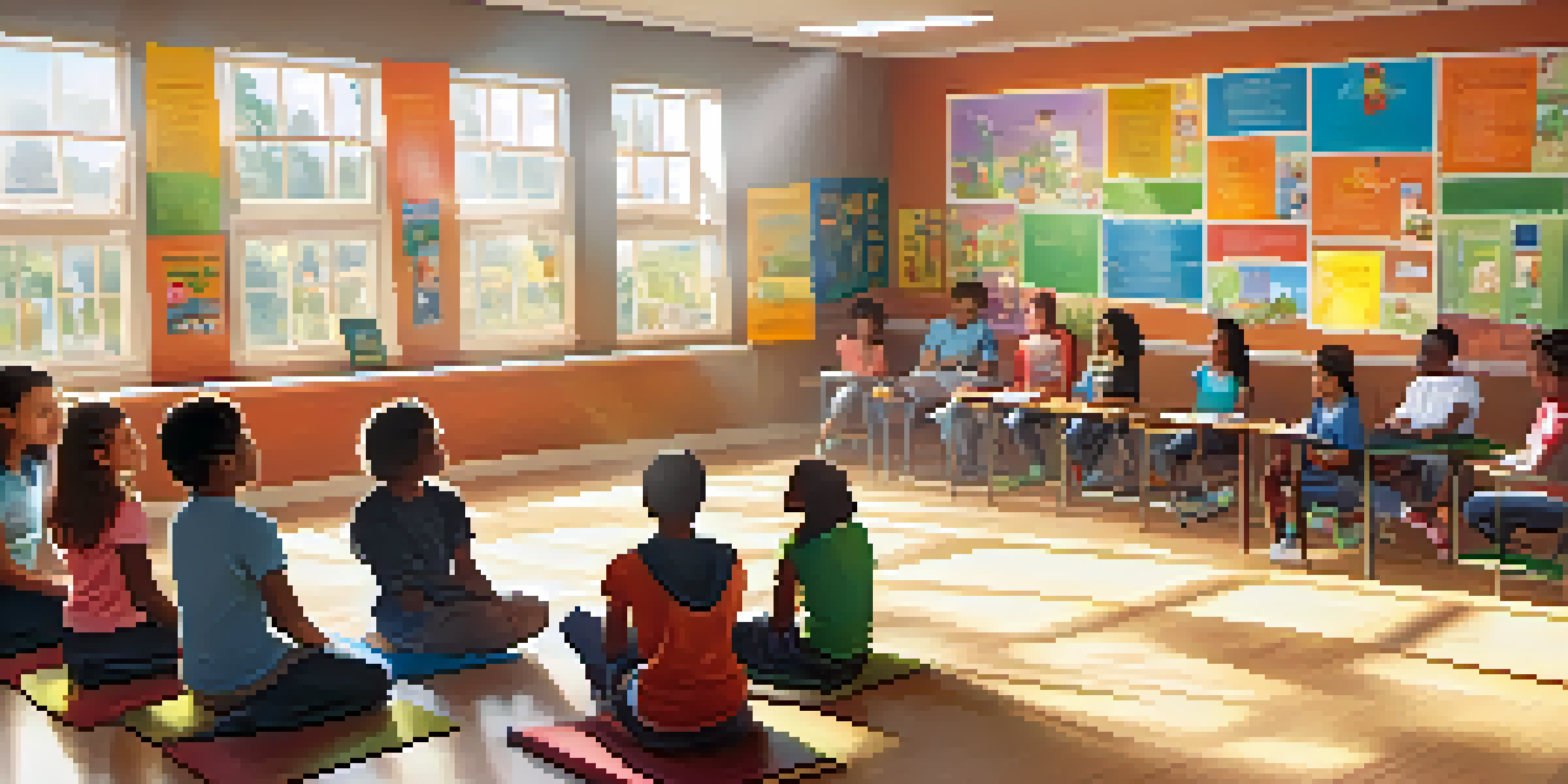 A classroom with teenagers participating in a workshop about healthy lifestyle choices, with bright colors and sunlight streaming in.