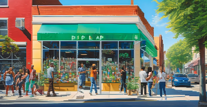 A lively city street with a contemporary marijuana dispensary, greenery, diverse people, and colorful art under a clear sky.